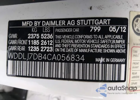 2012 Mercedes-Benz Cls 550 z USA, uszkodzony, nr VIN WDDLJ7DB4CA056834